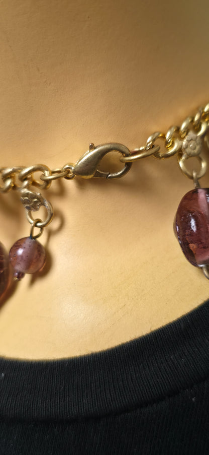 Goldene Statement Halskette mit Orange braunen Perlen & Anhängern – Boho Vintage Style