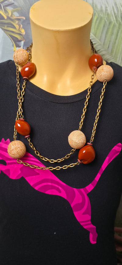 Lange Statement-Kette Vintage-Stil – Braun & Rostrot